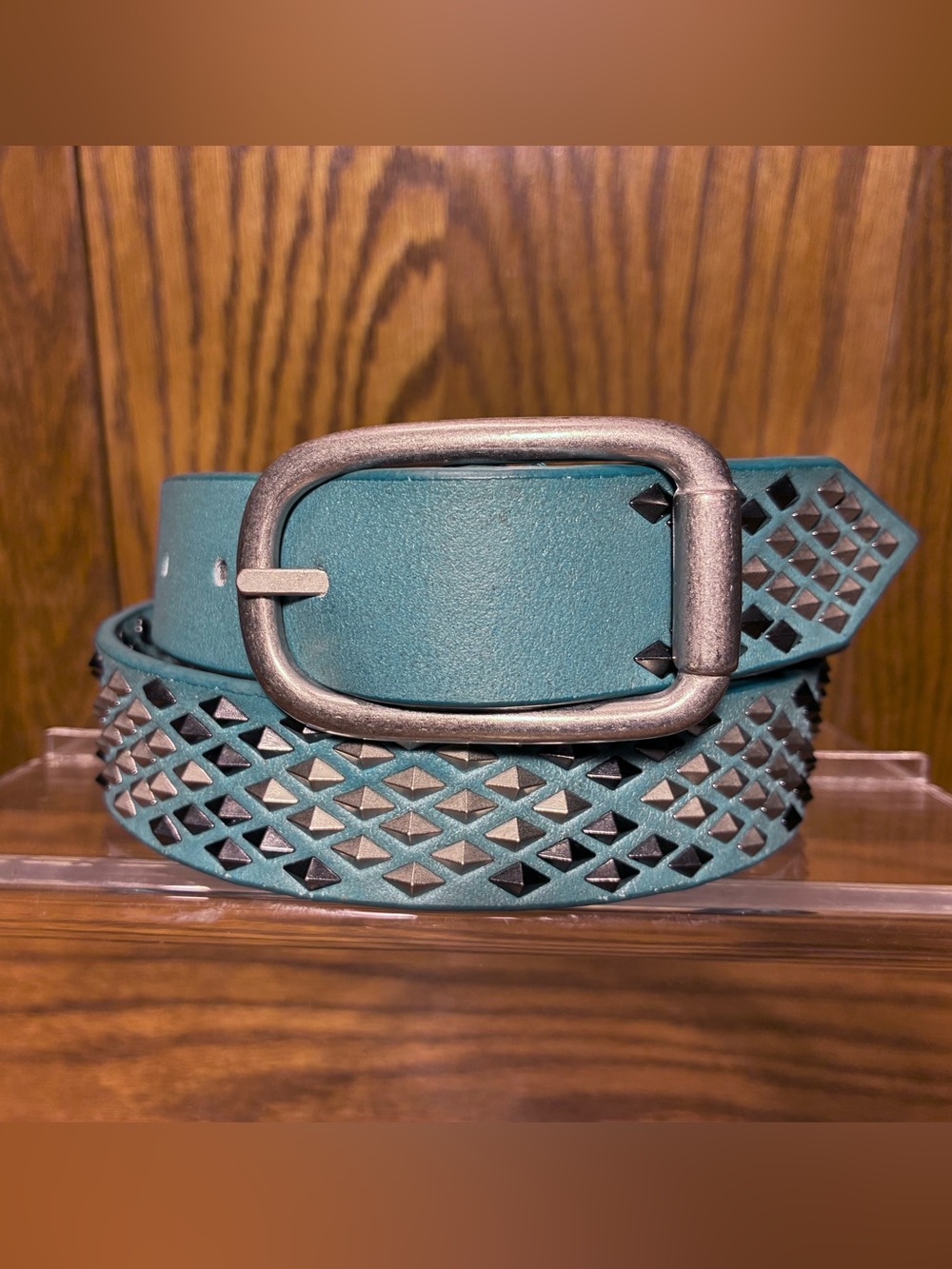 Joe’s Jeans Reversible Studded Turquoise Leather Belt Silver Buckle Size M/L
